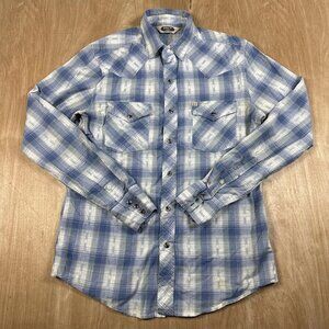 Salt Valley Western Cowboy Pearl Snap Blue Plaid Long Sleeve Shirt Size Small